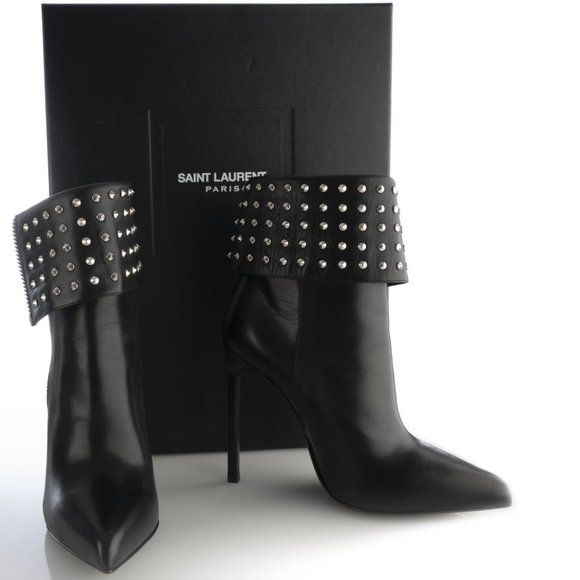 NIB YSL SAINT LAURENT Paris Fold Over Studded Leather Booties - Picture 2 of 11